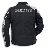 Back view of Ducati 77 men's motorcycle leather jacket featuring large Ducati logo and contrast shoulder and sleeve panels